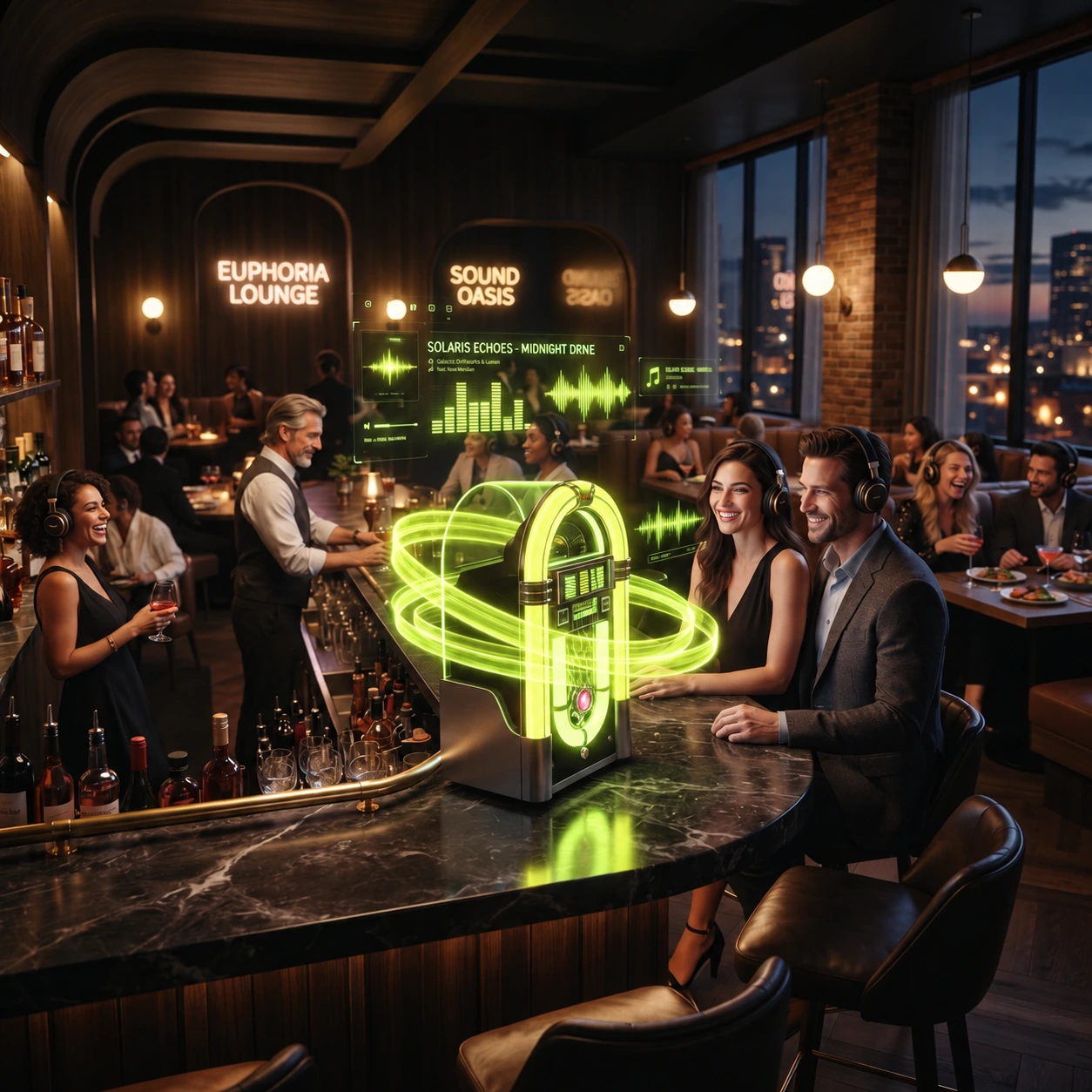 POPA's lounge vision: a neon jukebox at the heart of a lively venue, surrounded by guests and colourful sound waves